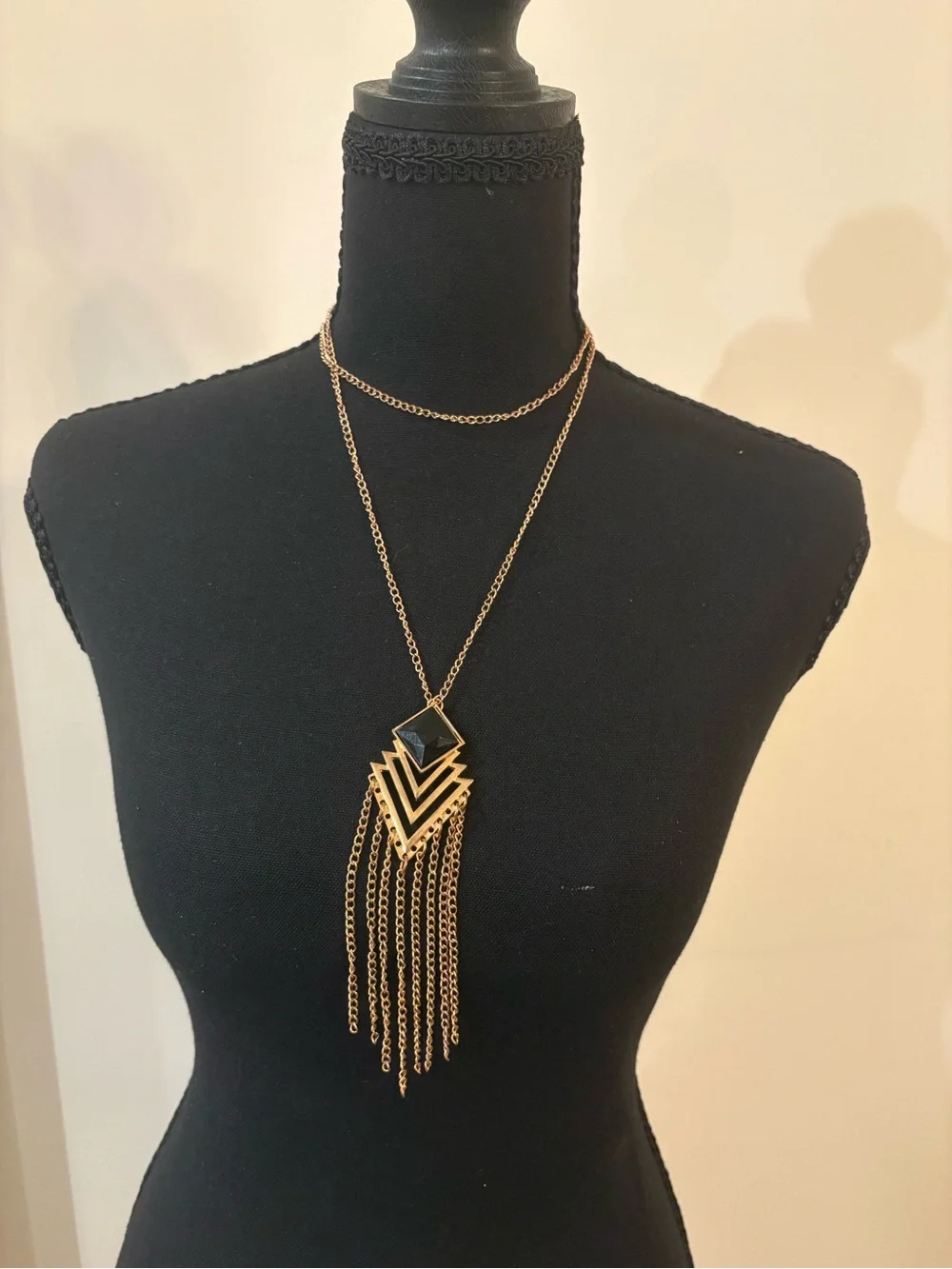 Gold-tone and Black Layered Fringe Pendant Necklace - Women Jewelry